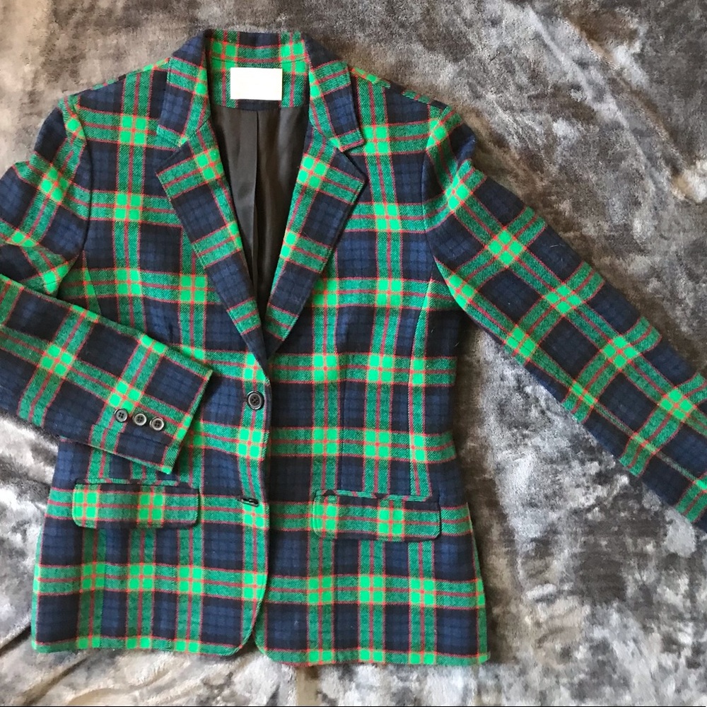 Vintage 1980s Pendleton USA 100% Wool Blue Green Plaid Blazer Jacket  Women's 8